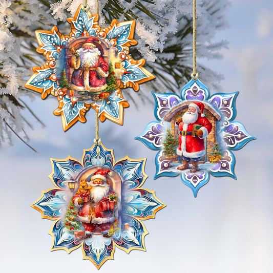 Santa's Greetings Snowflake Eco Wood Ornaments Set of 3 by G. Debrekht - Christmas Decor - 8090147-S3