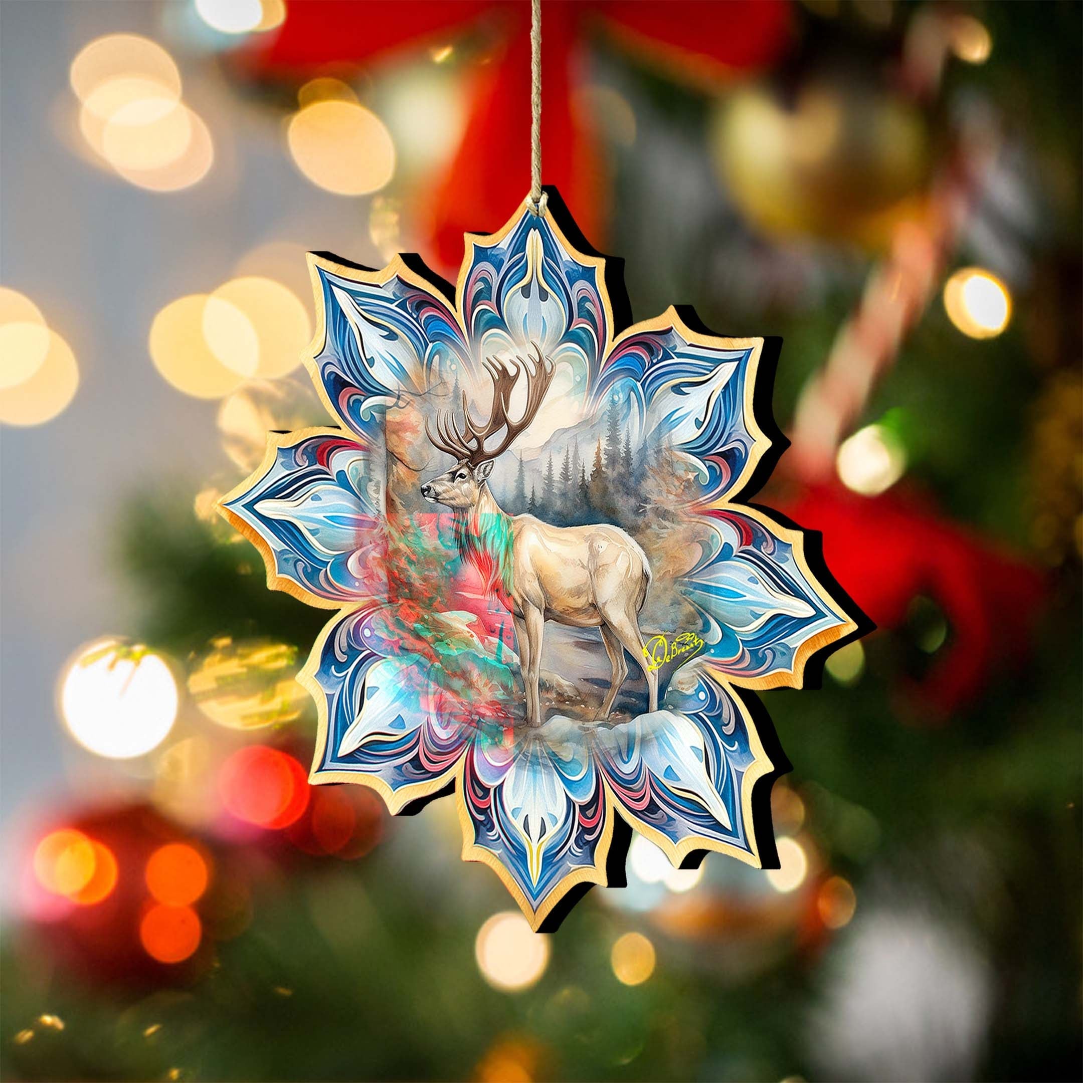Reindeer Snowflake Wooden Ornaments by G. Debrekht - Nature Wildlife Decor - 8688415