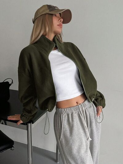Stylish Zip-Up Long Sleeve Cropped Jacket Trendy & Lightweight Outerwear for a Chic Look