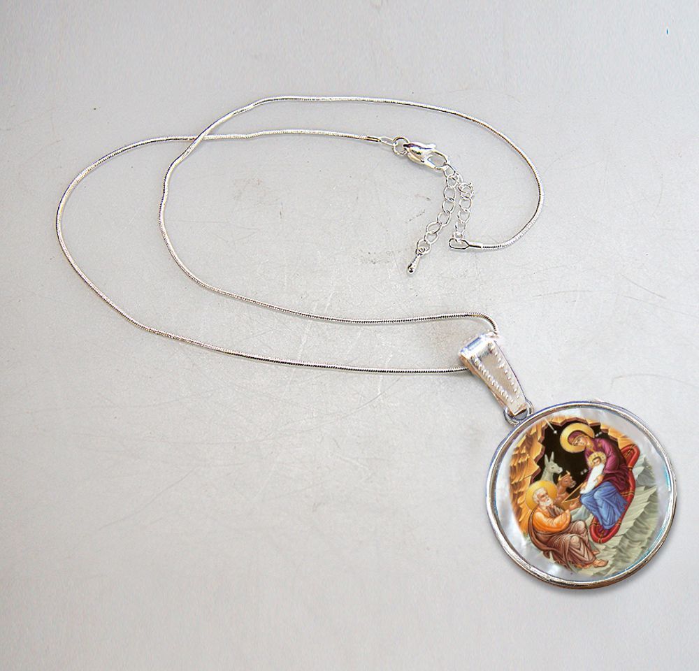 Orthodox Nativity Silver Plated Mother of Pearl Necklace Jewelry - 43052