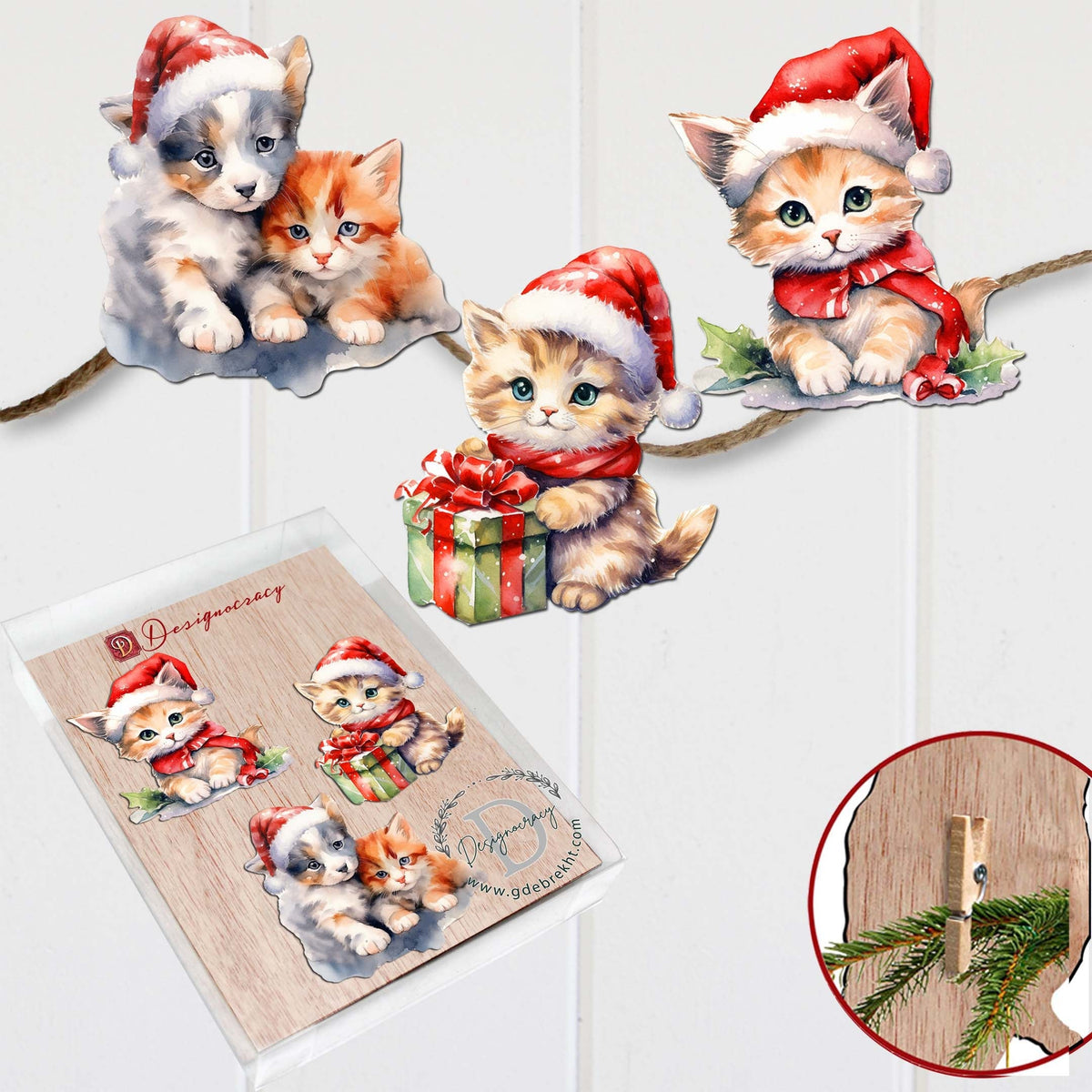 Christmas Cats Clip-On Eco Wood Decorative Ornaments Set of 3 by G. Debrekht - Christmas Decor - 8091016C-S3