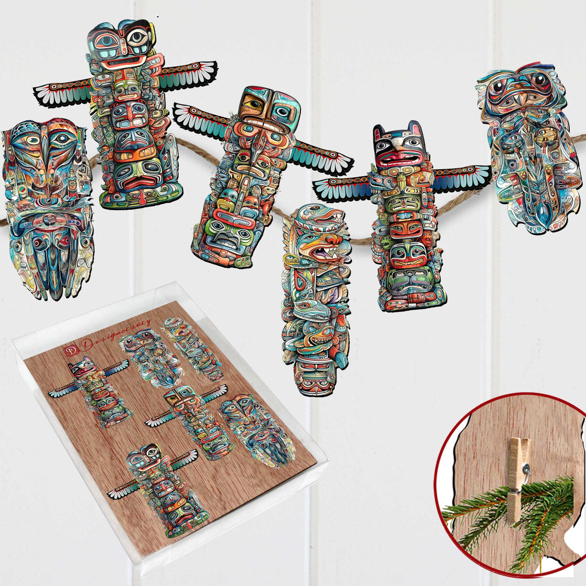 Spirit of the Totem Clip-On Eco Wood Decorative Ornaments Set of 6 by G. Debrekht - Wildlife Decor - 8090117C-S6