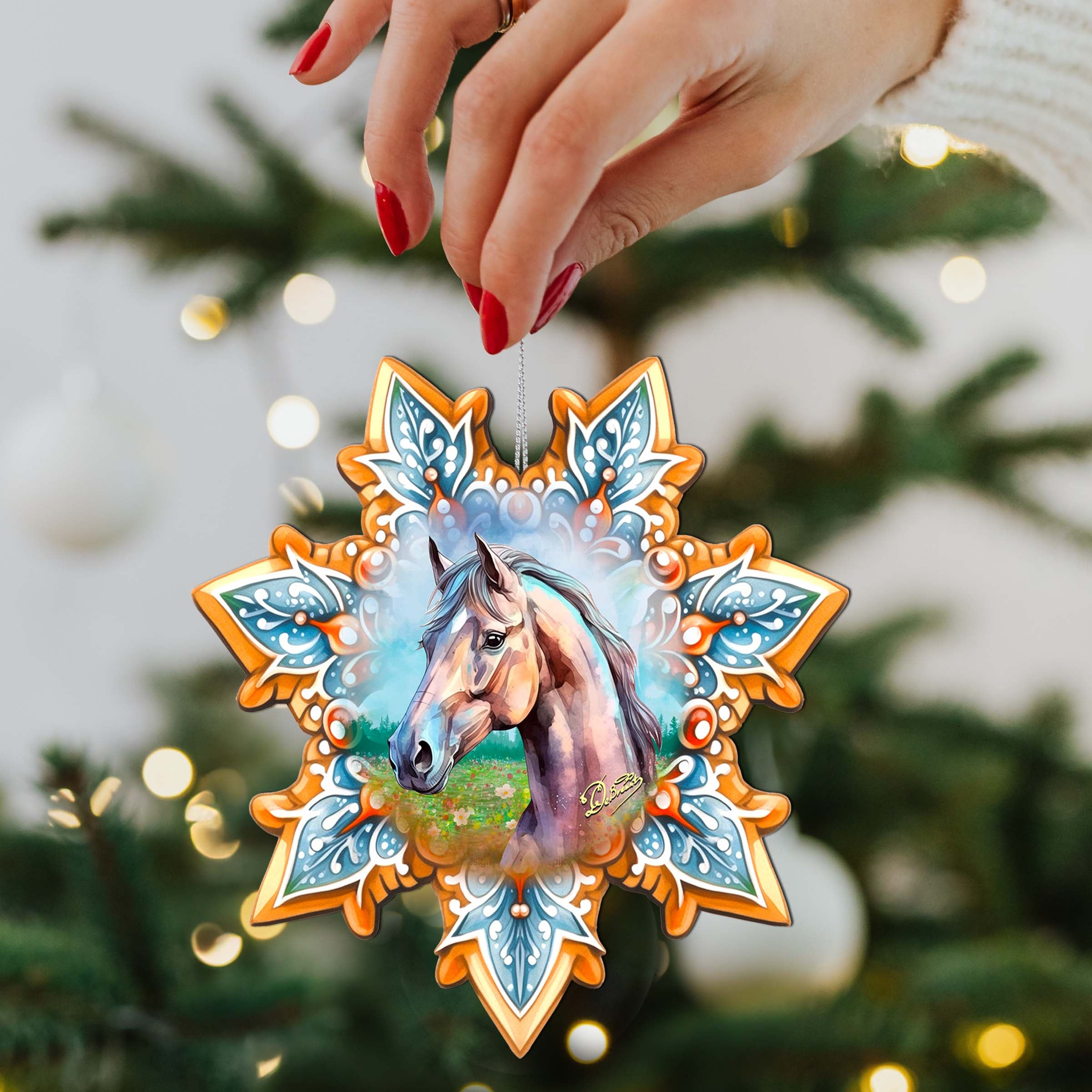 Horse Snowflake Wooden Ornaments by G. Debrekht - Nature Wildlife Decor - 8688431