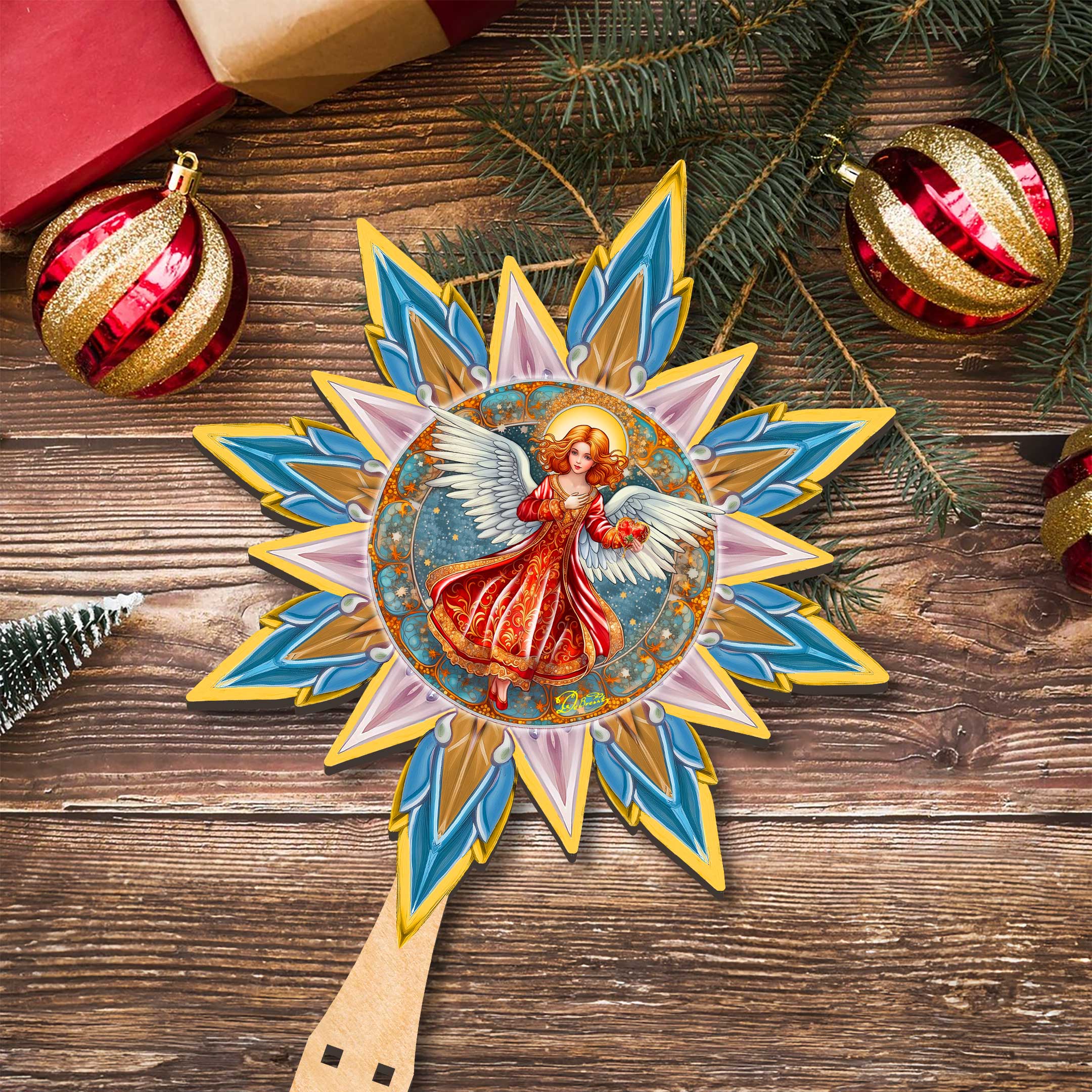Angel with Love Star Tree Topper Wooden Decor by G. Debrekht - Nativity Holiday Decor - 89508
