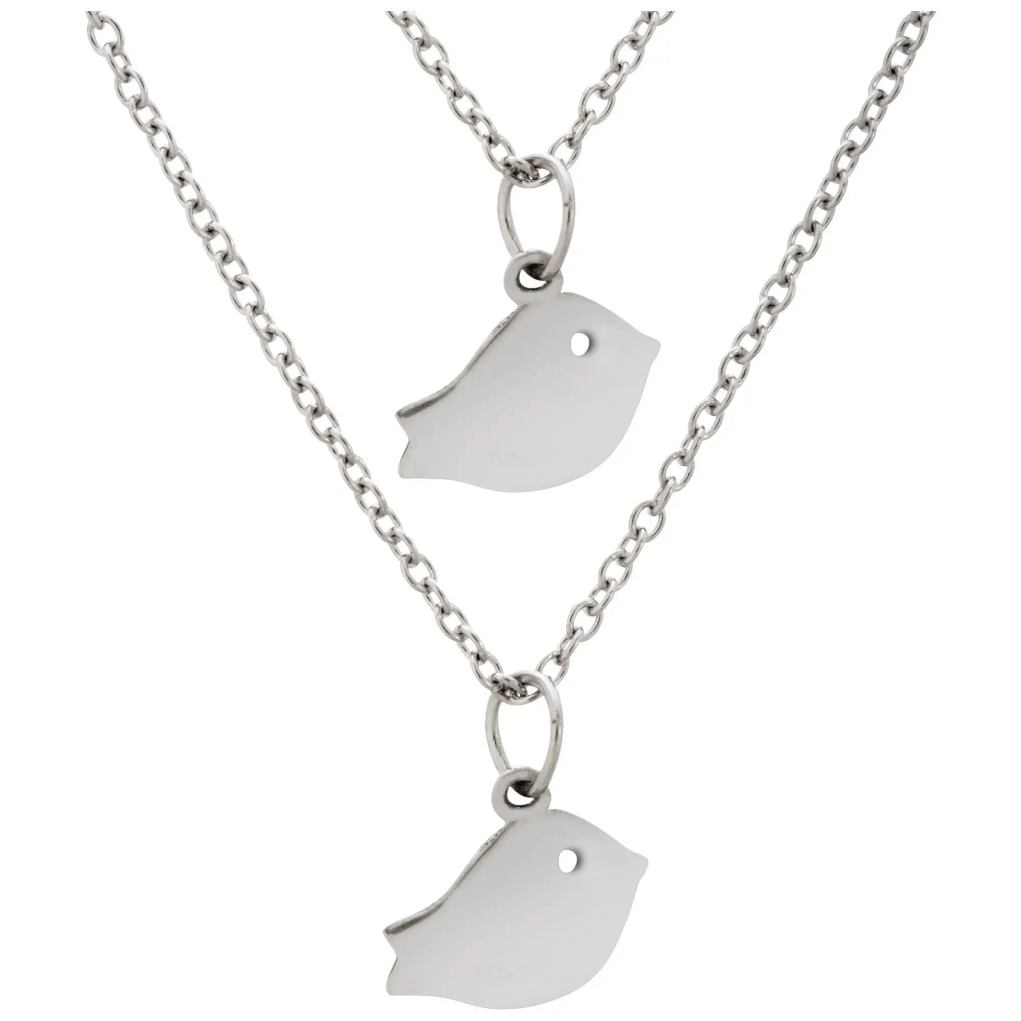 Silver bird-shaped pewter pendant necklace with minimalist design and polished finish set of 2 baby bird friends