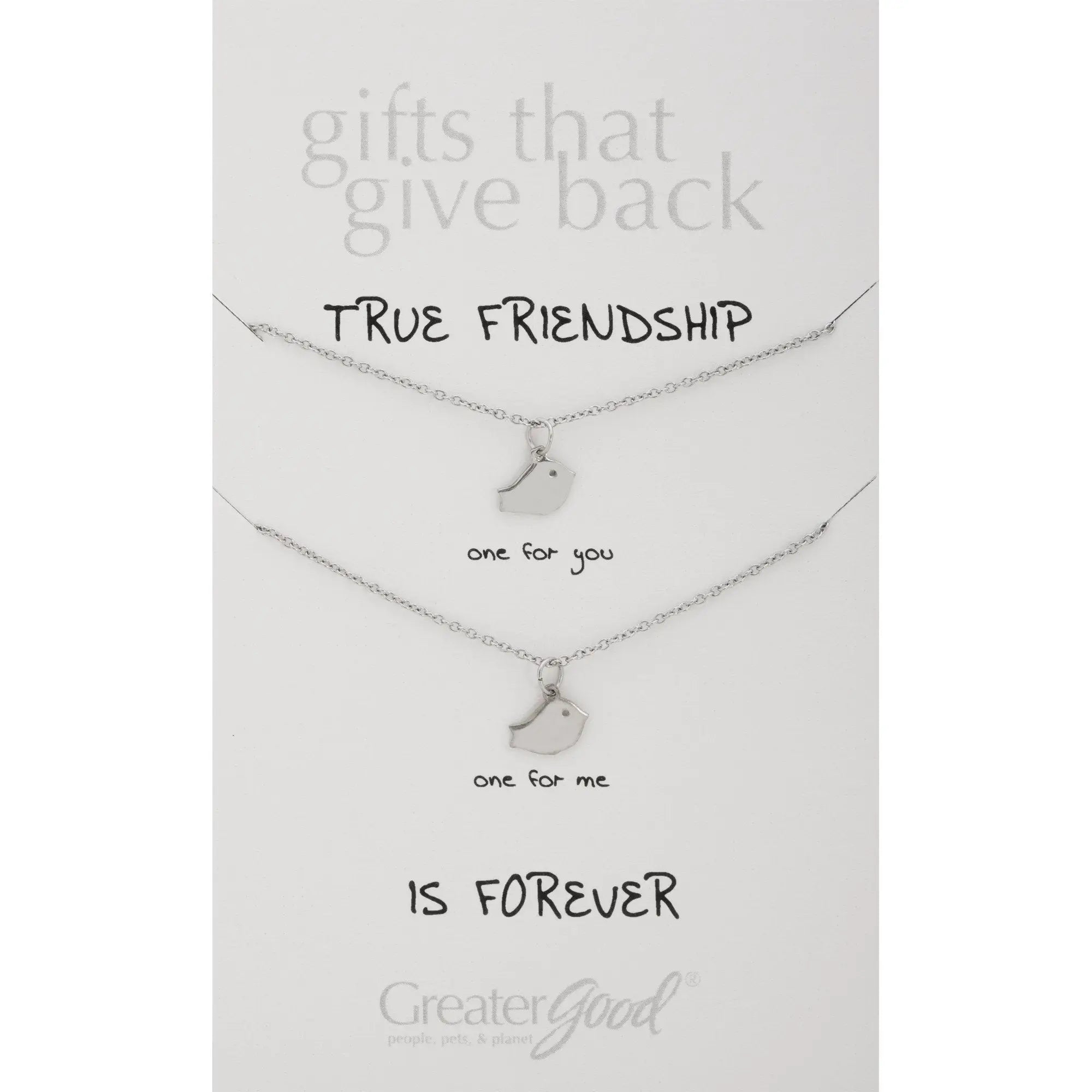 Silver baby bird pewter necklaces set of 2 on delicate chains with true friendship is forever message from greater good