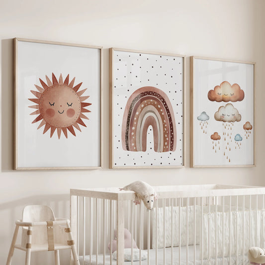 Minimalist Baby Room Wall Art Set of 3. Earthy Rainbow Theme
