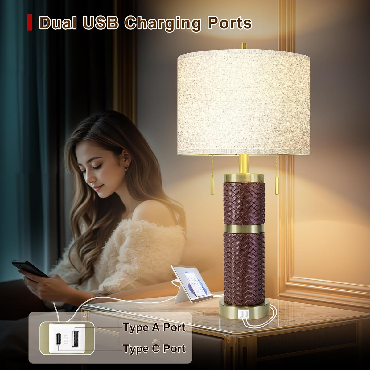 KIVDITZO Set of 2 25-Inch Woven Leather Table Lamps for Nightstands