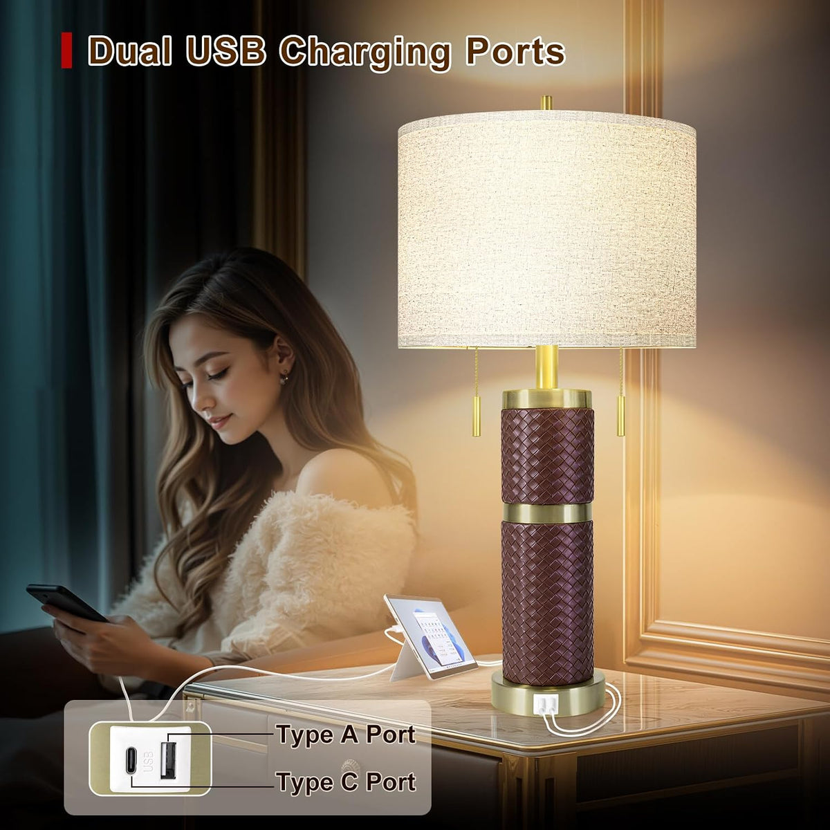 KIVDITZO Set of 2 25-Inch Woven Leather Table Lamps for Nightstands
