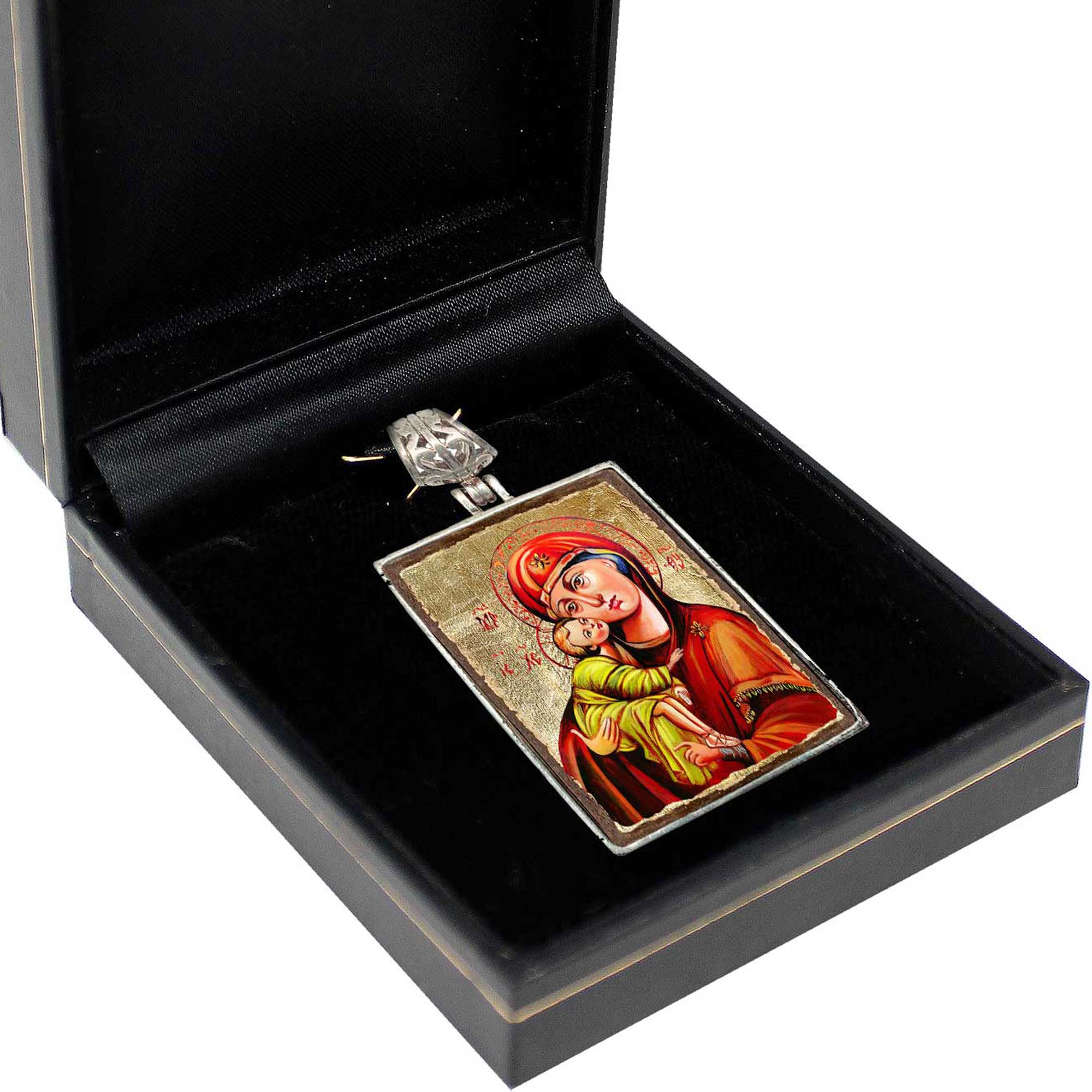 Virgin Mary Religious Jewelry Silver Plated Necklace, Gold-Plated Wooden Cabochon - Orthodox Sacred Icon - Inspirational Icon Decor - 43011R