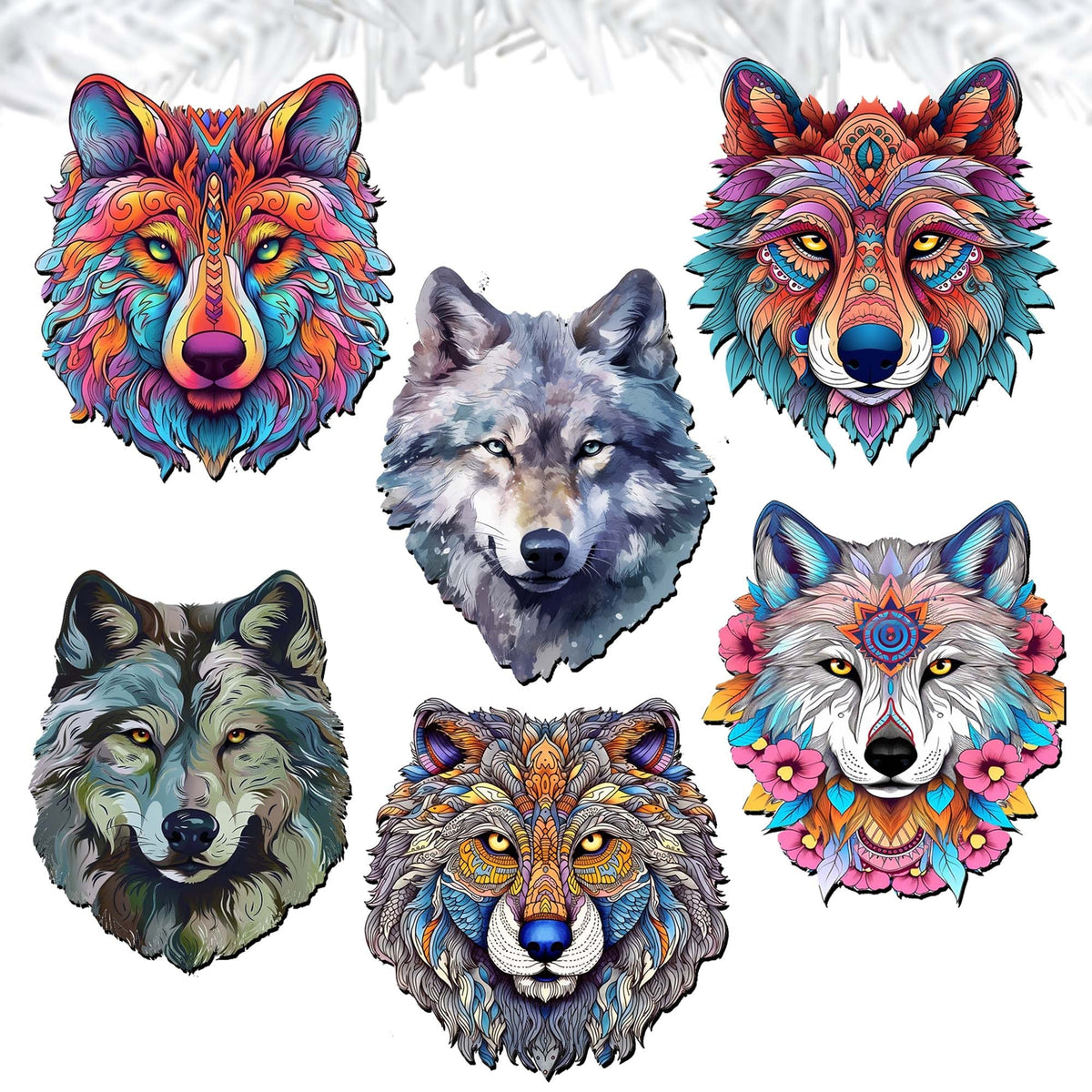 Enigmatic Wolves Clip-On Eco Wood Decorative Ornaments Set of 6 by G. Debrekht - Wildlife Decor - 8090113C-S6