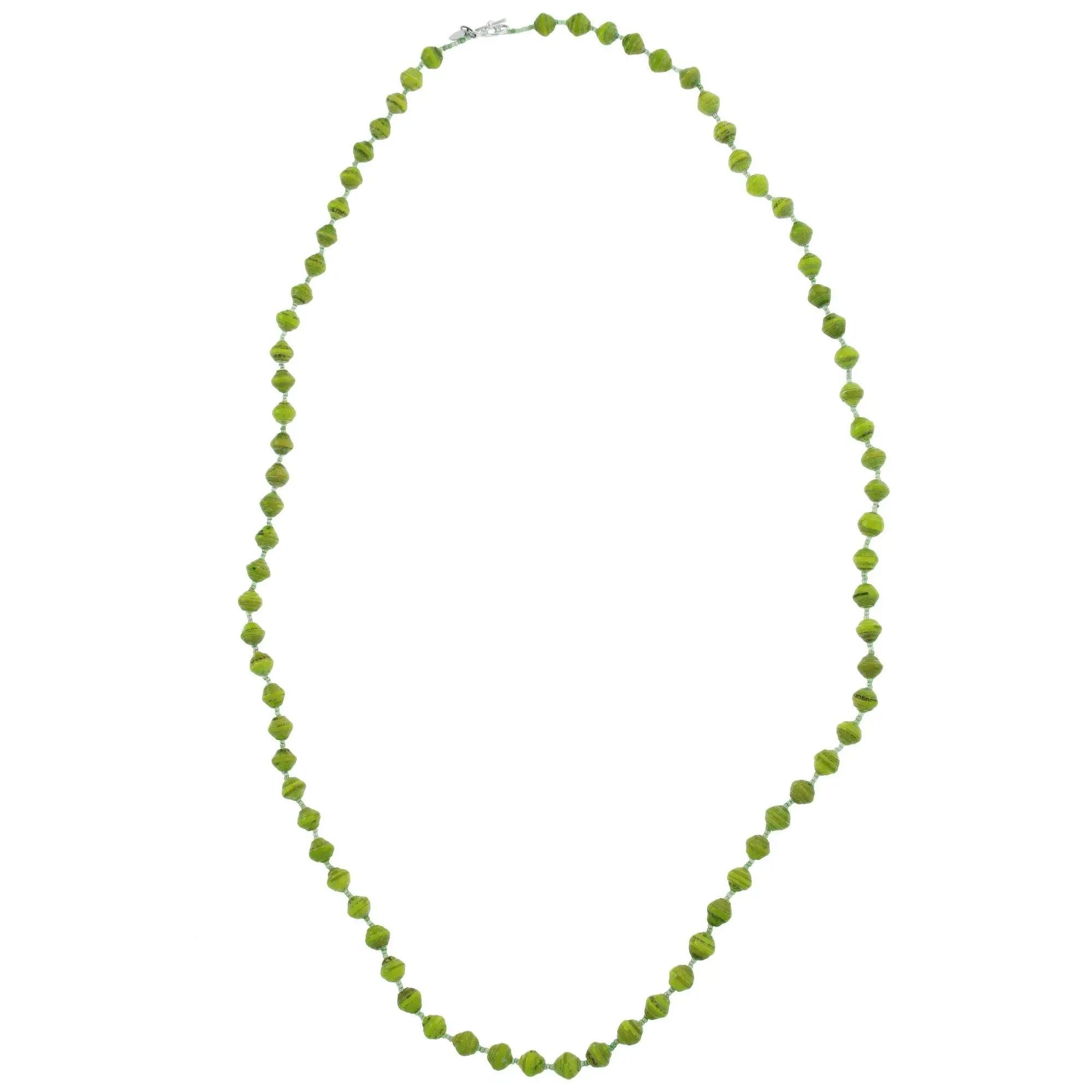 BeadforLife Sanyu long necklace with vibrant green faceted beads linked by silver-toned connectors