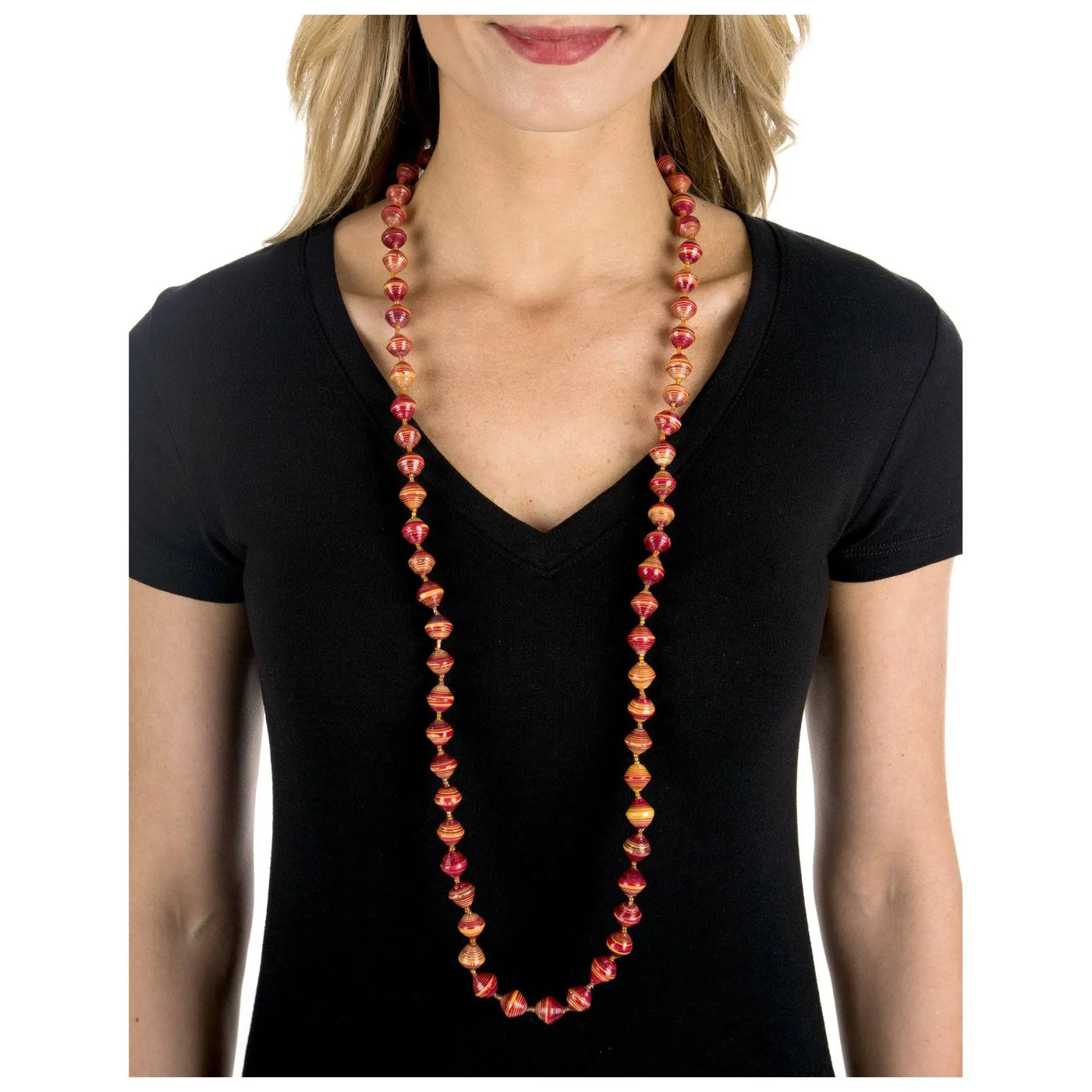 BeadforLife Sanyu long necklace with handcrafted beads in vibrant red and orange gradient finish