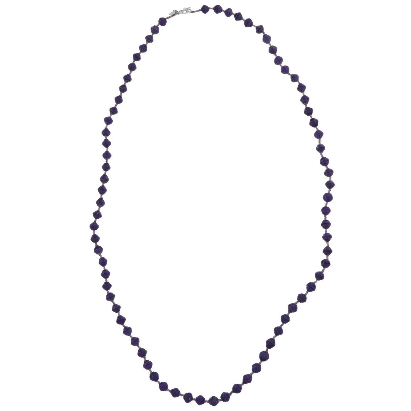 BeadforLife Sanyu long necklace with deep purple faceted beads on a silver-toned chain and matching clasp