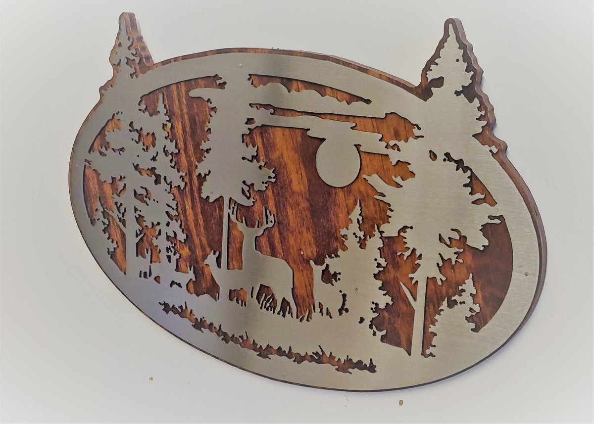 Deer hunting scene picture metal art wall hanging    Made in USA     rustic metal art on wood wall décor