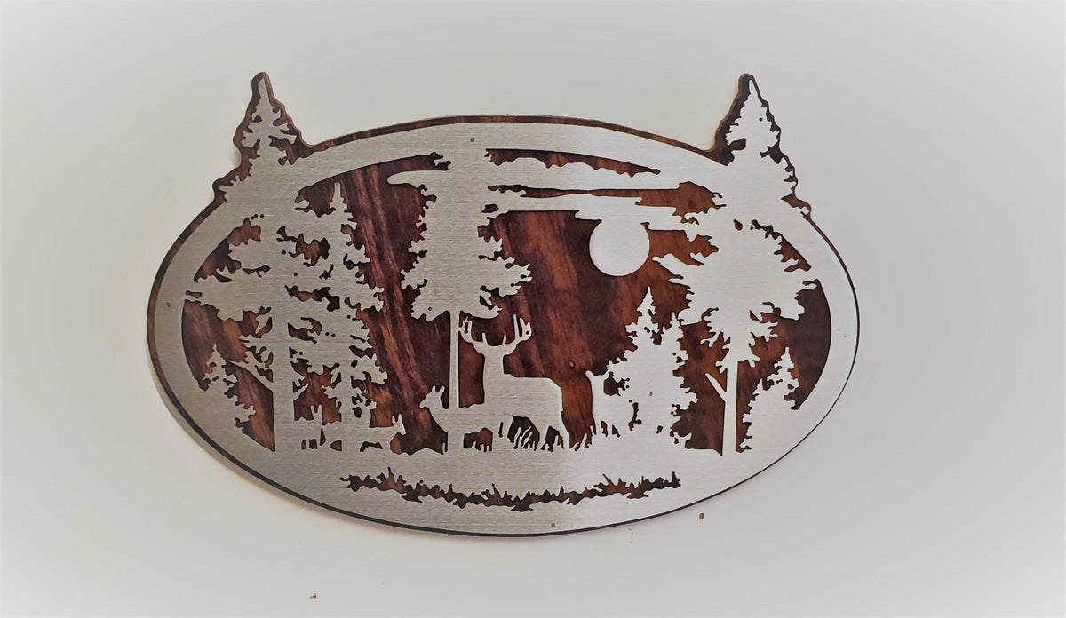 Deer hunting scene picture metal art wall hanging    Made in USA     rustic metal art on wood wall décor