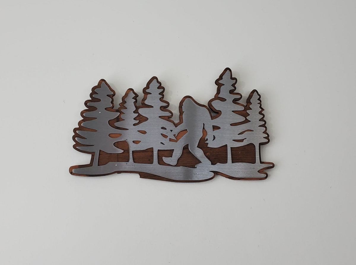 Bigfoot in Trees | Metal Art on Wood wall Décor | Made in USA