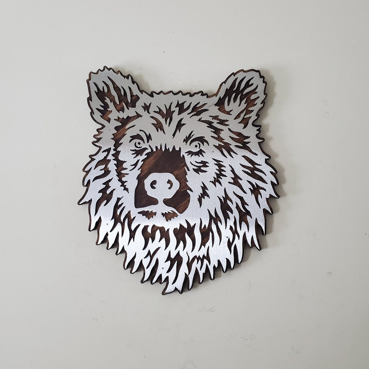 Bear head metal art on wood wall decor Made in USA
