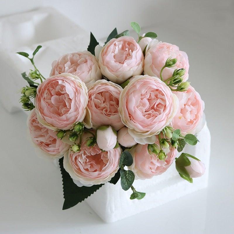 Beautiful Rose Peony Artificial Silk Eucalyptus Fake Flowers Small bouquet Flores Home Party Spring Wedding Decoration Artificial Silk Rose Flower Bouquet Lifelike Fake Rose for Wedding Home Party Decoration Event Gift