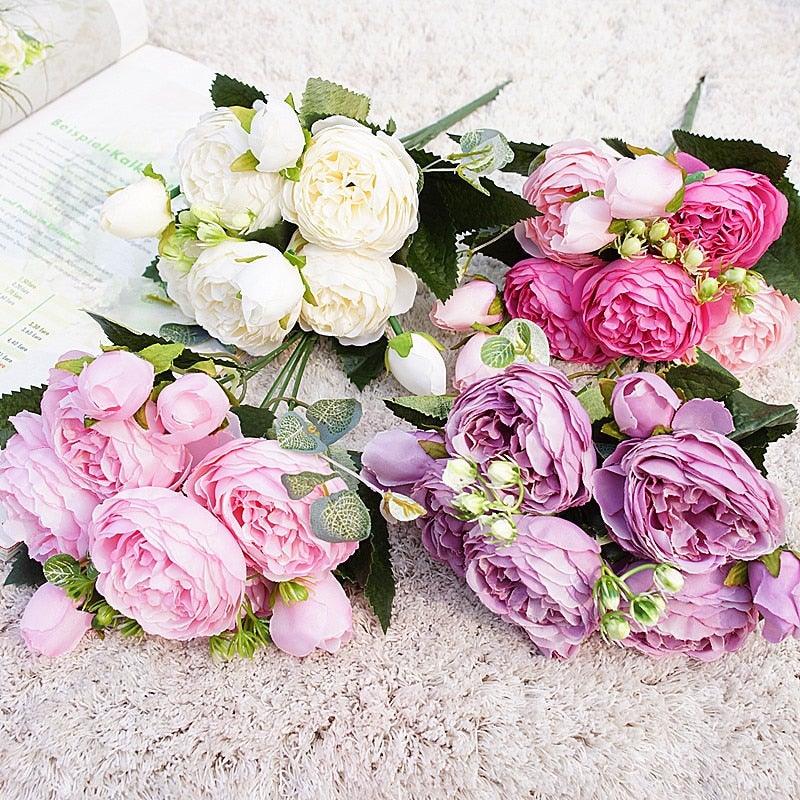 Beautiful Rose Peony Artificial Silk Eucalyptus Fake Flowers Small bouquet Flores Home Party Spring Wedding Decoration Artificial Silk Rose Flower Bouquet Lifelike Fake Rose for Wedding Home Party Decoration Event Gift