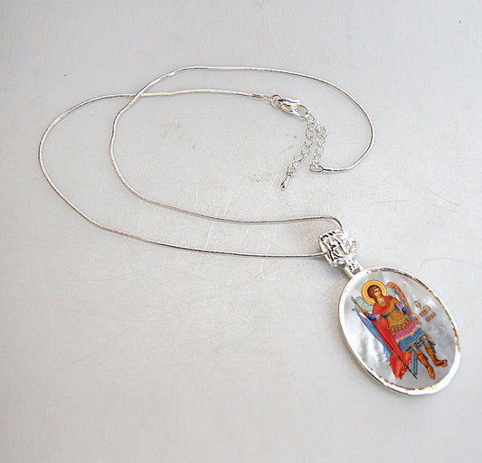 Saint Michael the Archangel Silver Plated Mother of Pearl Necklace - 43022