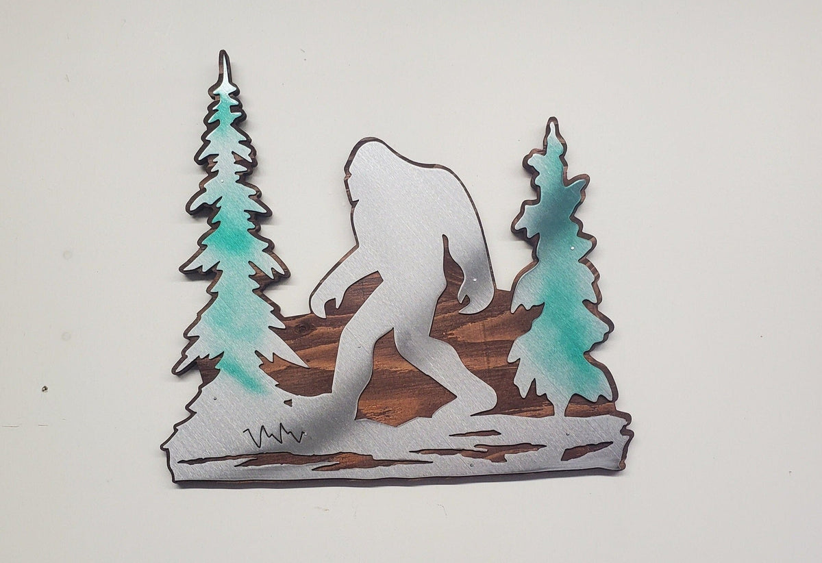 Bigfoot in trees metal art on wood Made in USA