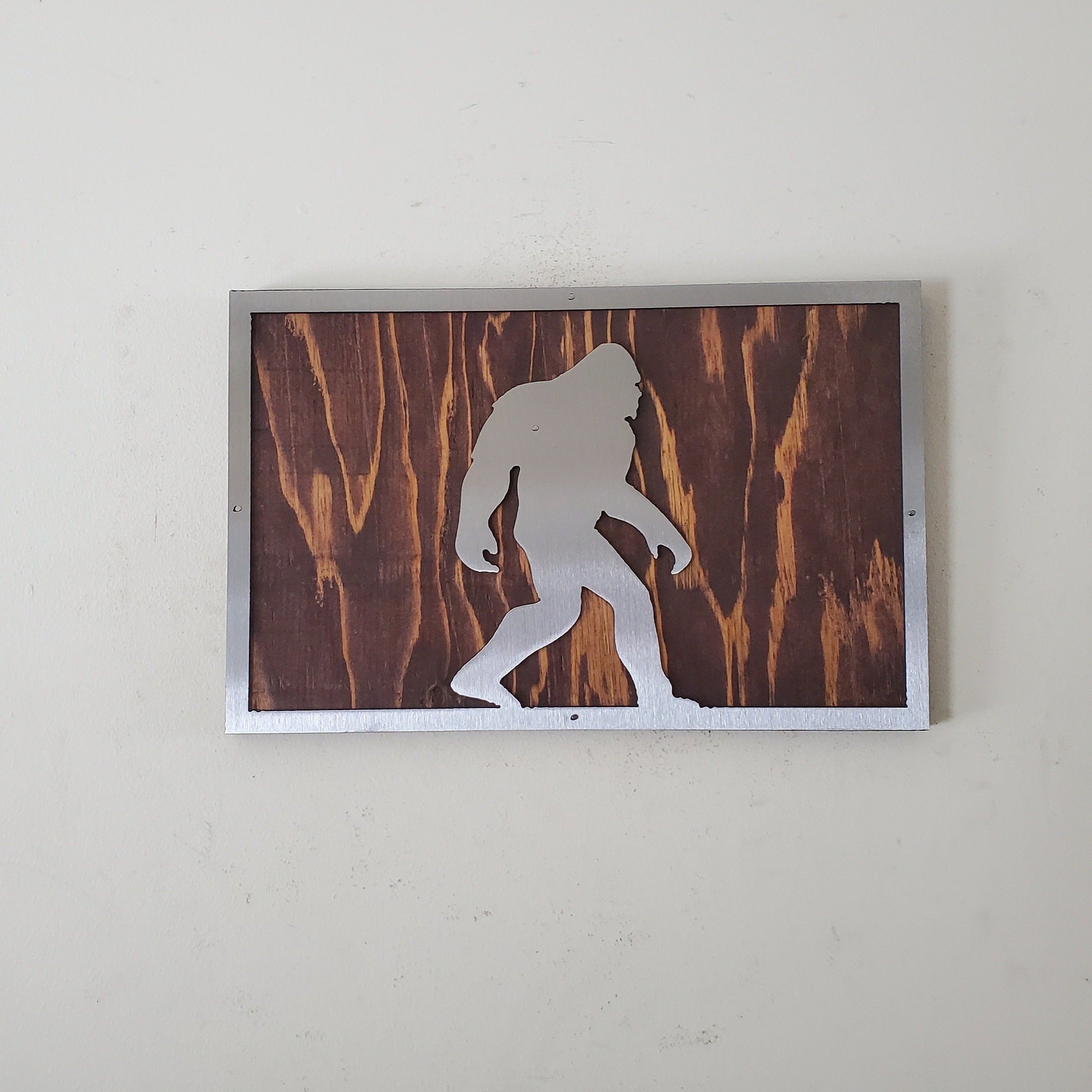Bigfoot Walking Metal Art on Wood