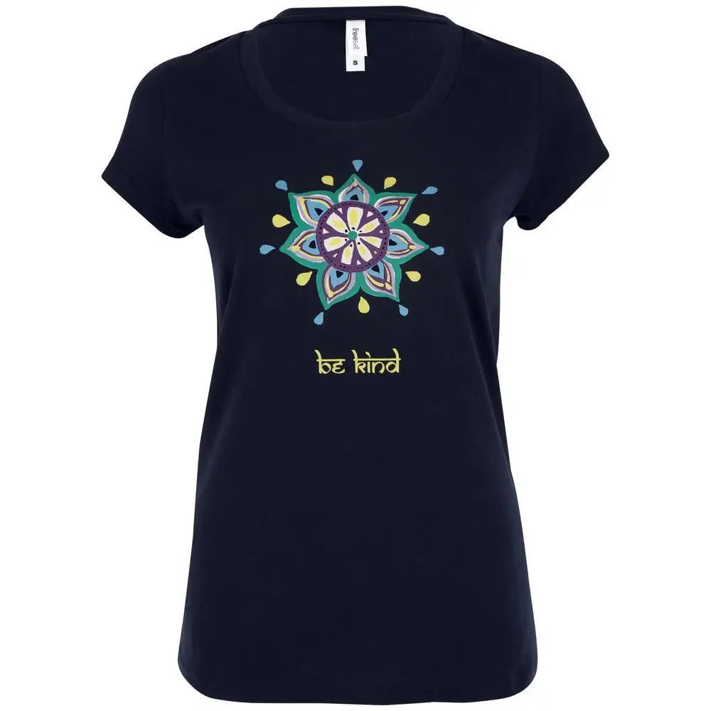 Navy blue women’s t-shirt with colorful mandala design and be kind phrase in bohemian medallion tee style