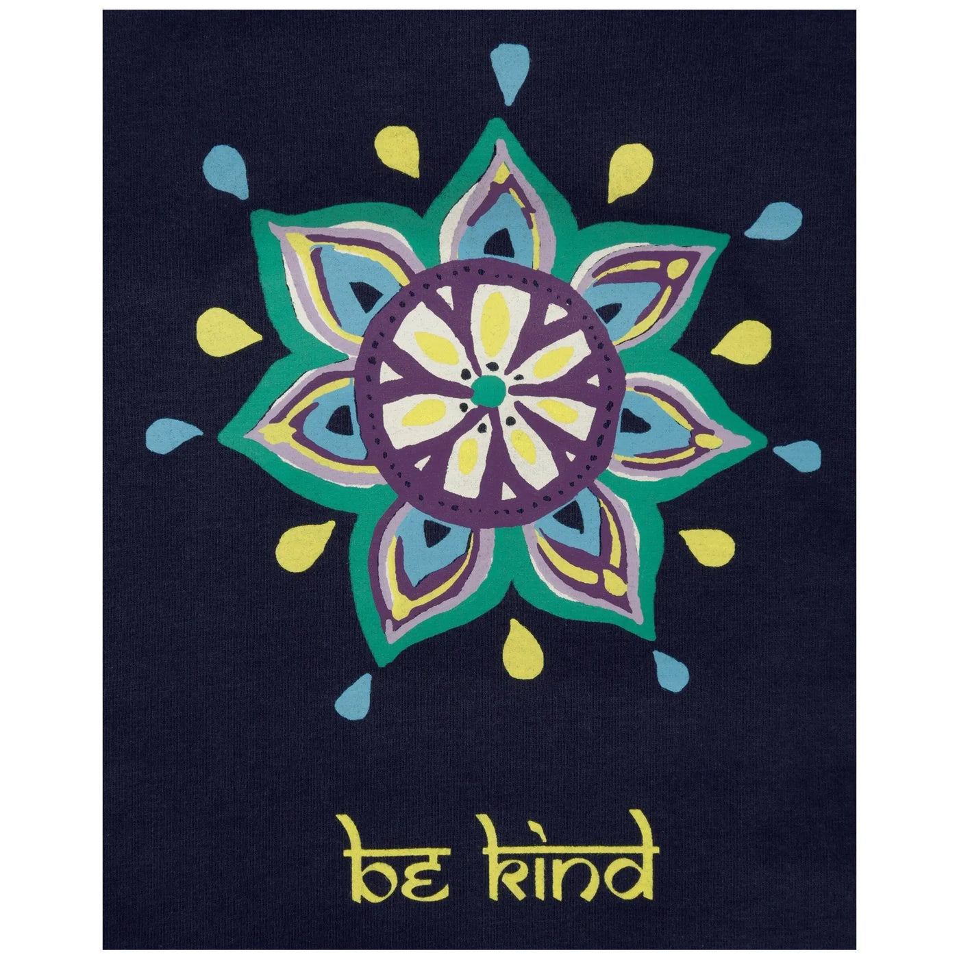 Navy blue bohemian medallion tee with vibrant green purple yellow mandala and bold yellow be kind lettering