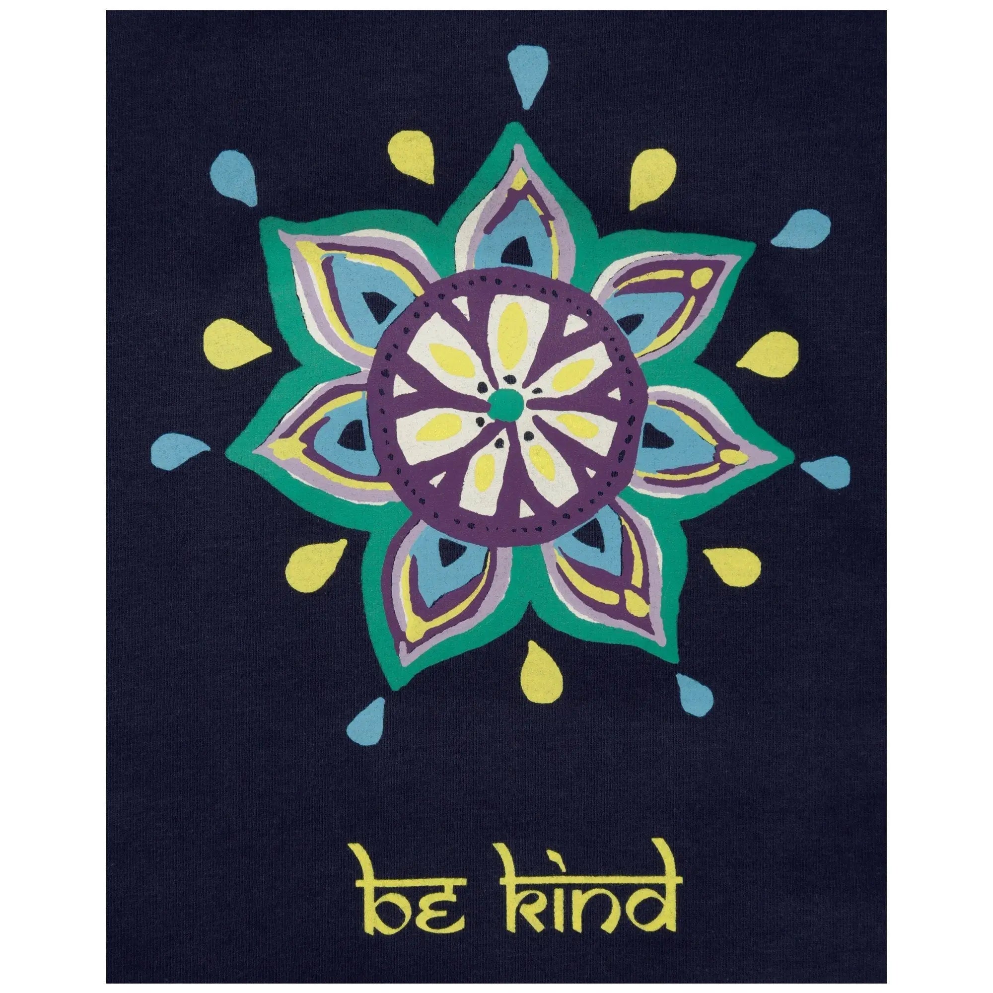 Navy blue bohemian medallion tee with vibrant green purple yellow mandala and bold yellow be kind lettering
