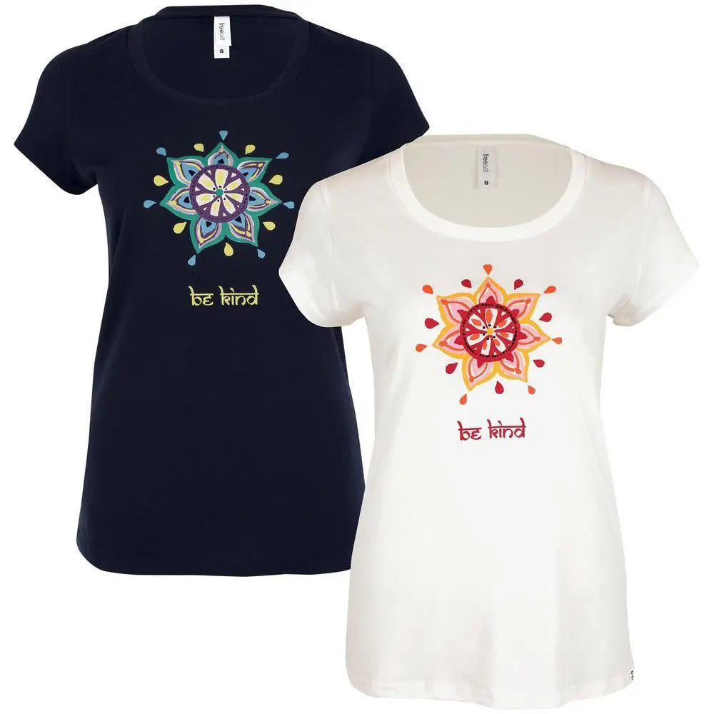 Two women’s short-sleeved navy blue and white cotton Bohemian Medallion tees with colorful embroidered mandala and be kind text