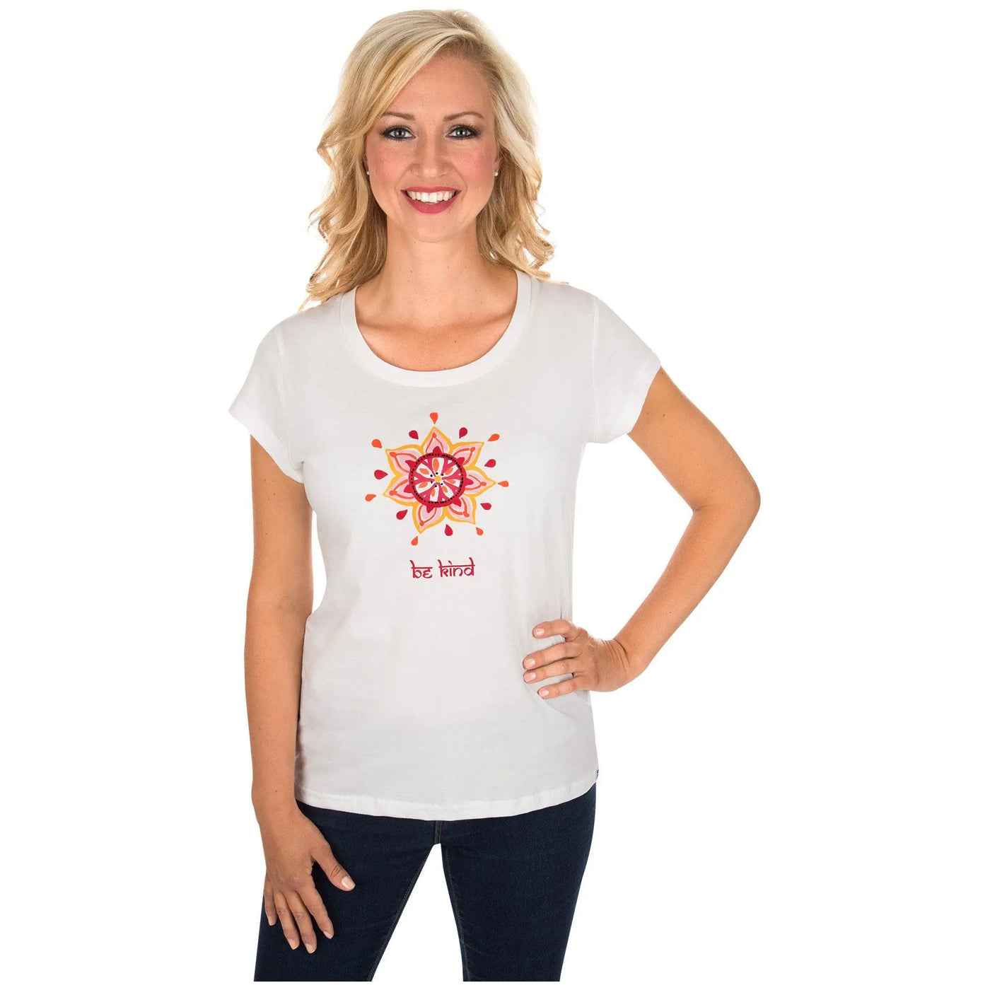 White short-sleeved cotton t-shirt with colorful embroidered mandala and pink be kind text bohemian medallion tee