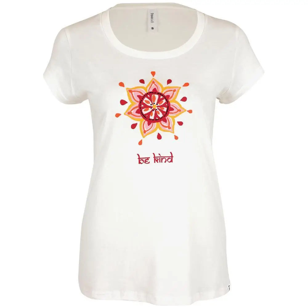 White women’s short-sleeved bohemian medallion tee with colorful red orange yellow mandala and be kind text on chest