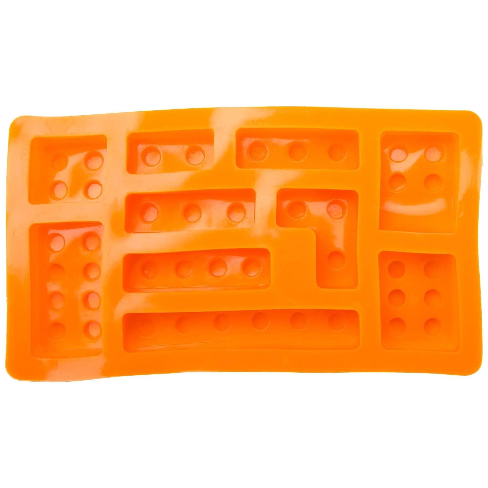 Bright orange silicone building blocks novelty ice cube tray with classic pac-man maze design and circular indentations