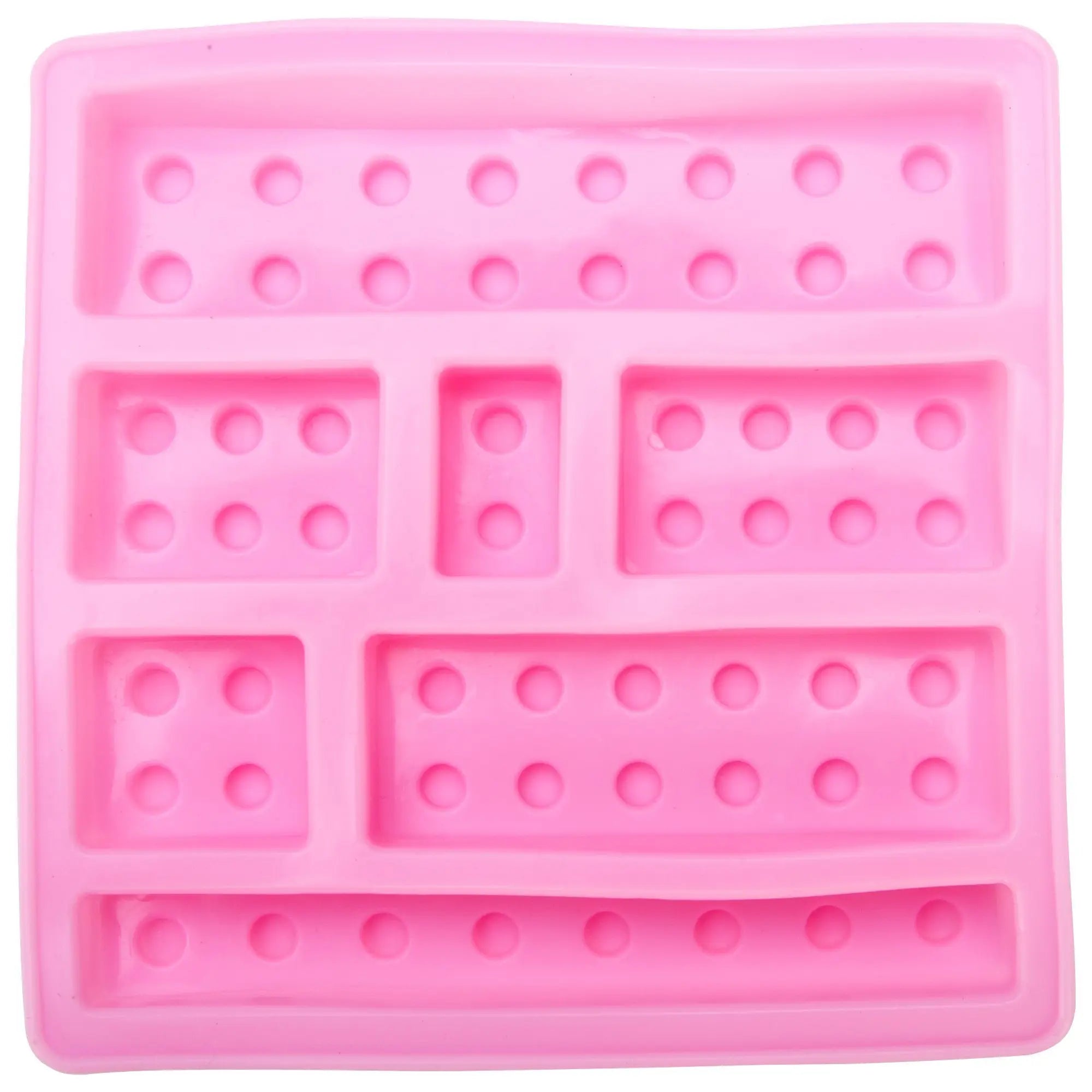 Pink silicone ice cube tray mold shaped like lego-style bricks from building blocks novelty set of 5