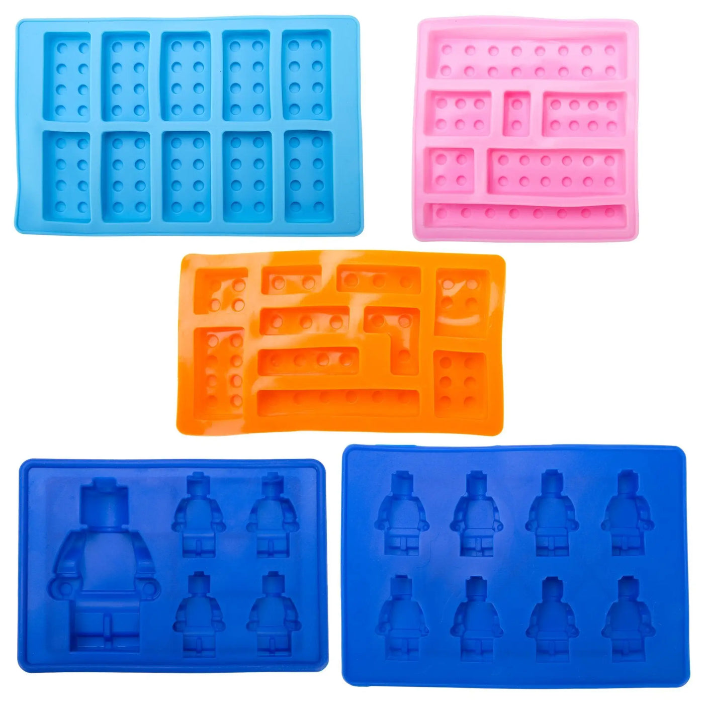 Set of 5 colorful silicone ice cube trays molding lego brick and minifigure shapes for novelty use