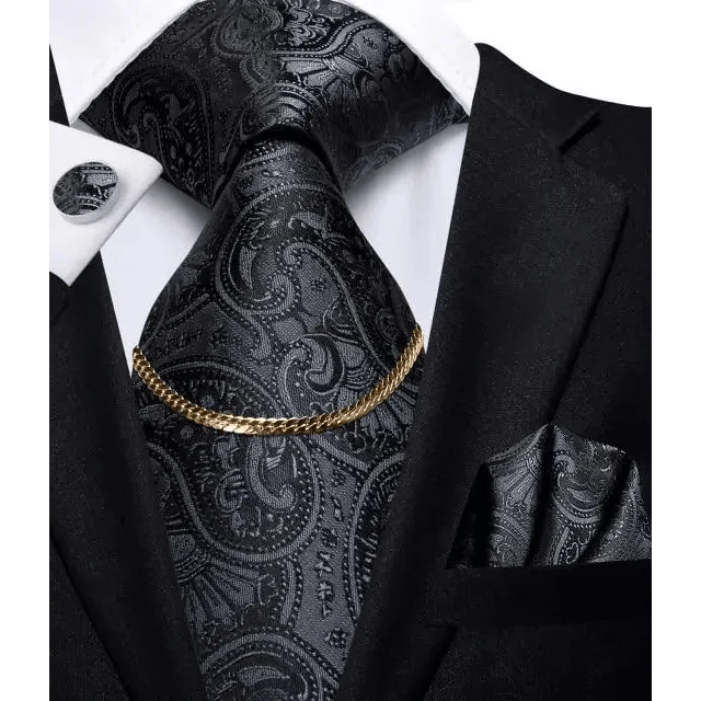 Business Black Silk Necktie Chain Classic Tie Square Handkerchief Elegant Cufflink Wedding Formal Neckties For Men