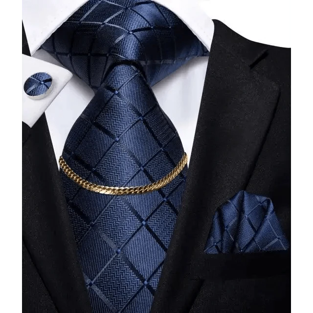 Business Black Silk Necktie Chain Classic Tie Square Handkerchief Elegant Cufflink Wedding Formal Neckties For Men