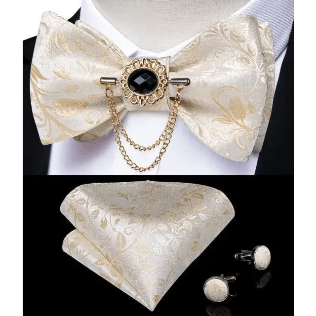 Business Elegant Gold Black Pattern Elegant Wedding Silk Bowtie Men Butterfly Fashion Bow Ties Pocket Square Classic Business Tuxedo Wedding Bowties Handkerchief Set