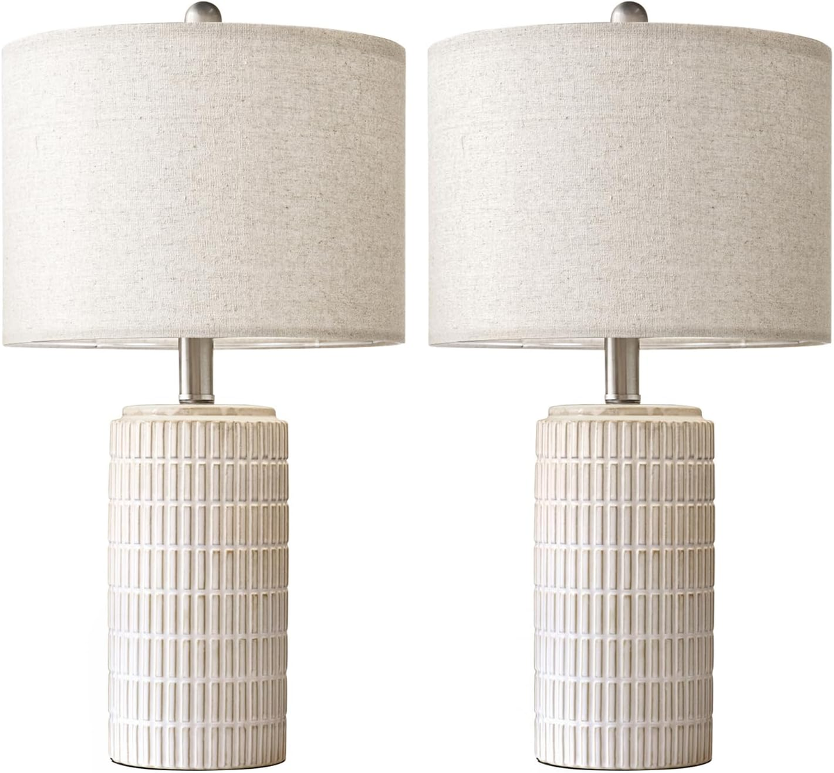 Pokat Set of 2 Modern 24" Ceramic Table Lamps for Bedroom and Living Room, White and Beige Nightstand Lighting Decor