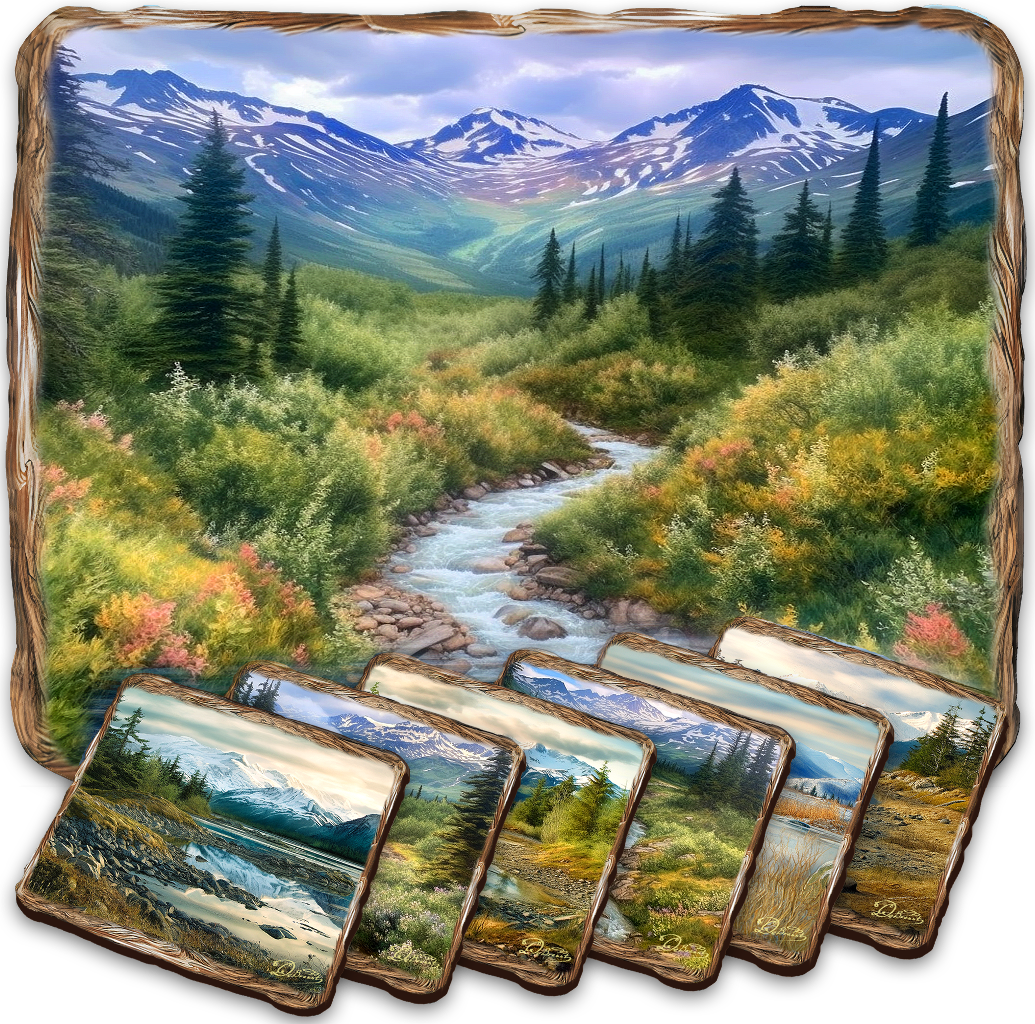 Mountain River Wooden Cork Placemat and Coasters Gift Set of 7 by Nature Wonders Nature Wildlife Decor  - 85407C-S7