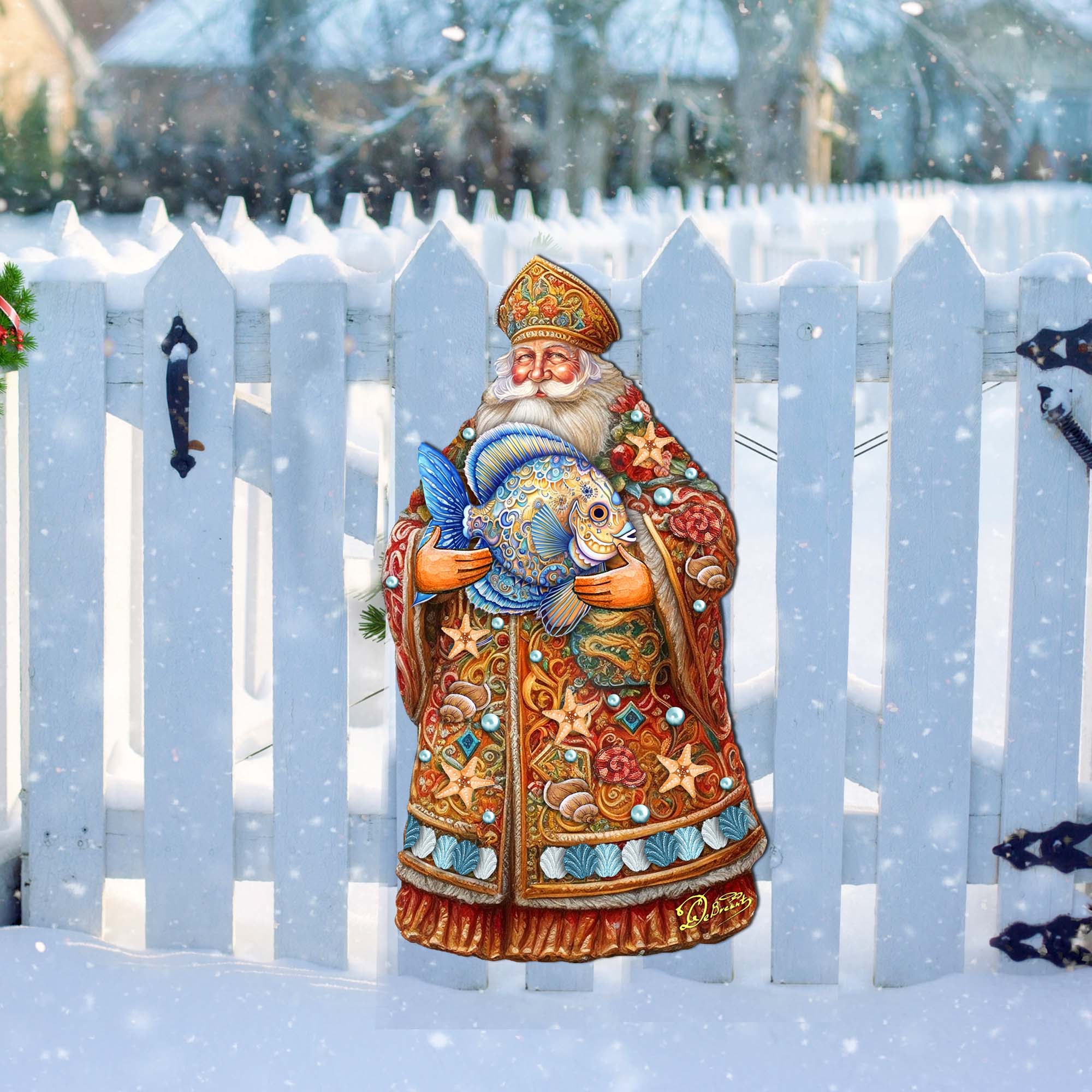 Santa with Fish Holiday Door Decor by G. Debrekht - Christmas Santa Snowman Decor - 8691411H