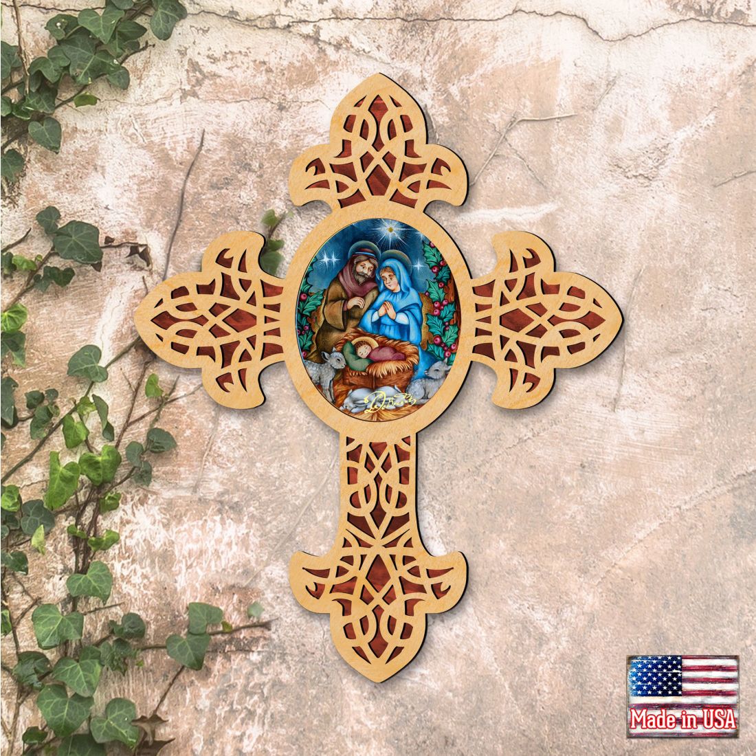 Village Nativity Pointy Wooden Cross by Museum Icons - Inspirational Icon Decor - 88389