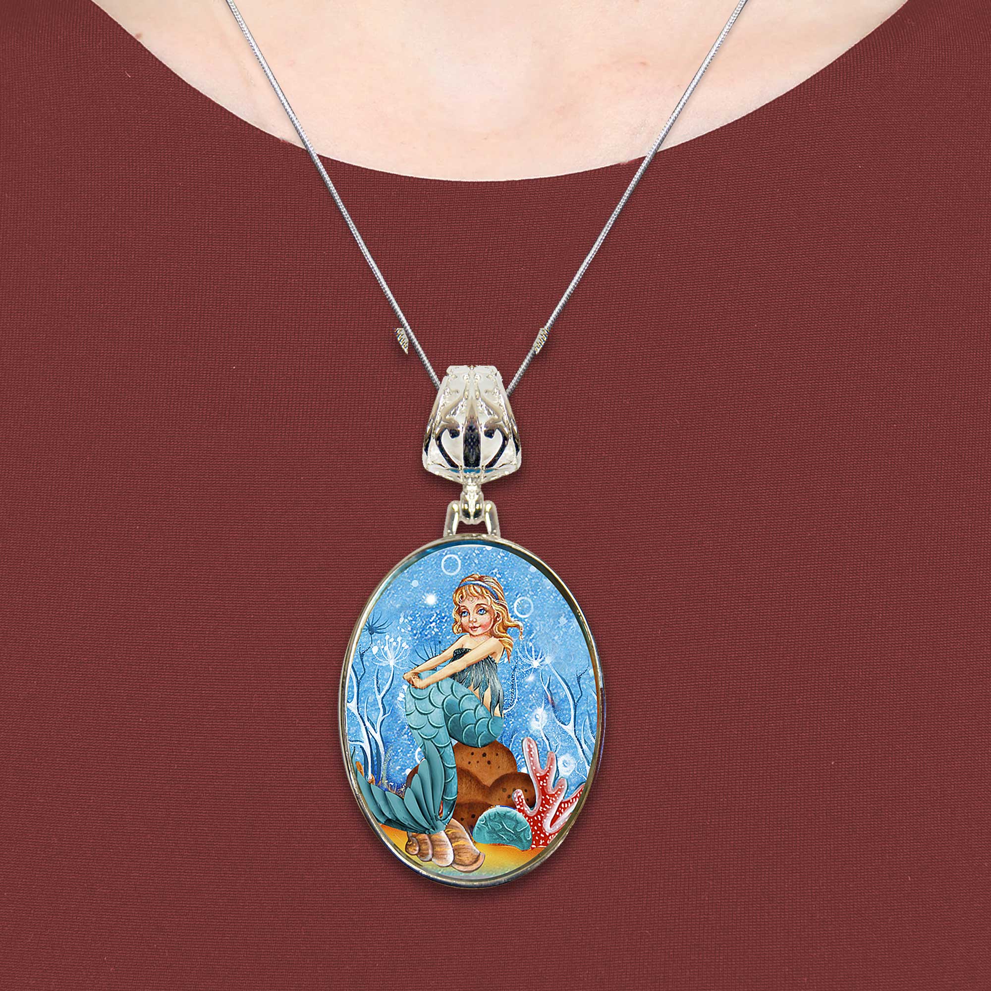 Mermaid Silver Plated Mother of Pearl Jewelry Pendant Necklace - 44042