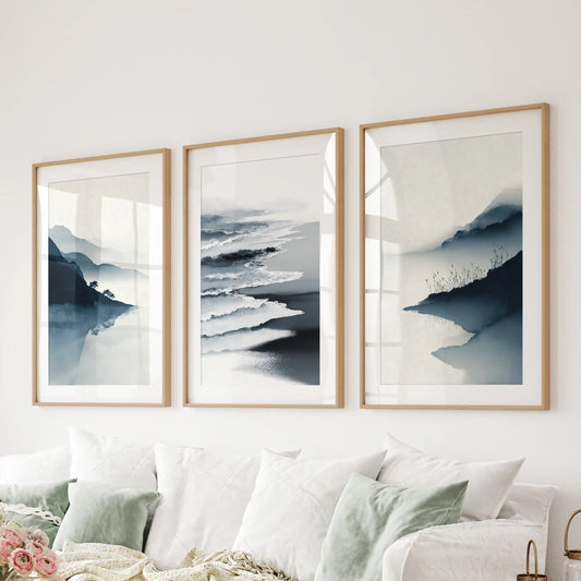 Minimalist Mountain Lake Set of 3. Modern Landscape Prints