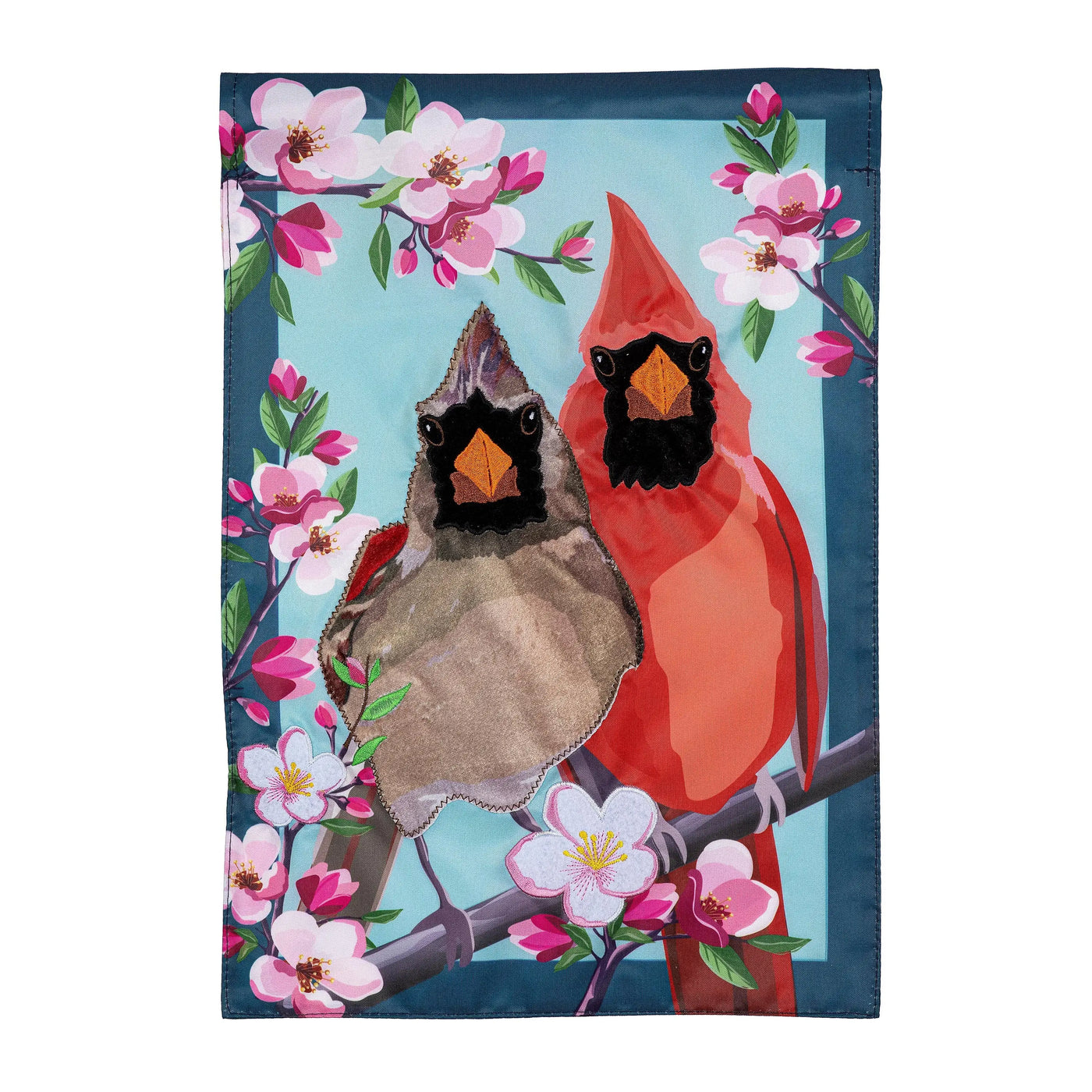 Cardinal couple applique garden flag with red and brown cardinals on branch with pink blossoms on light blue background