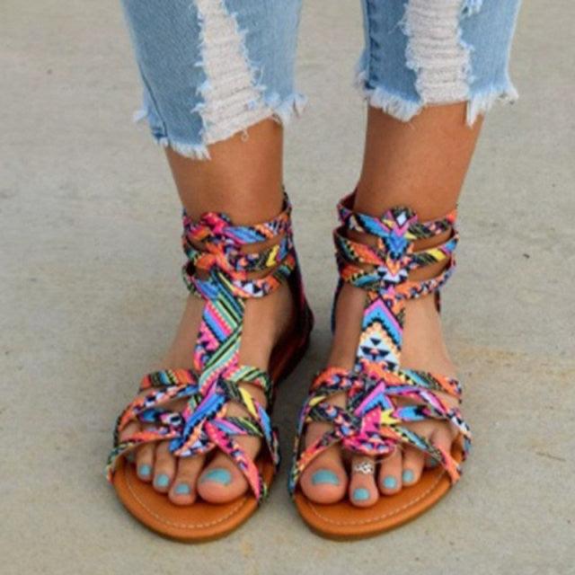 Casual Sandals Shoes Women Colorful Summer Flat Ankle Strap Sandals Shoes Flats Sandals For Women Dressy Strappy Flat Open Toe Sandals Wide Comfortable Leather Sandals