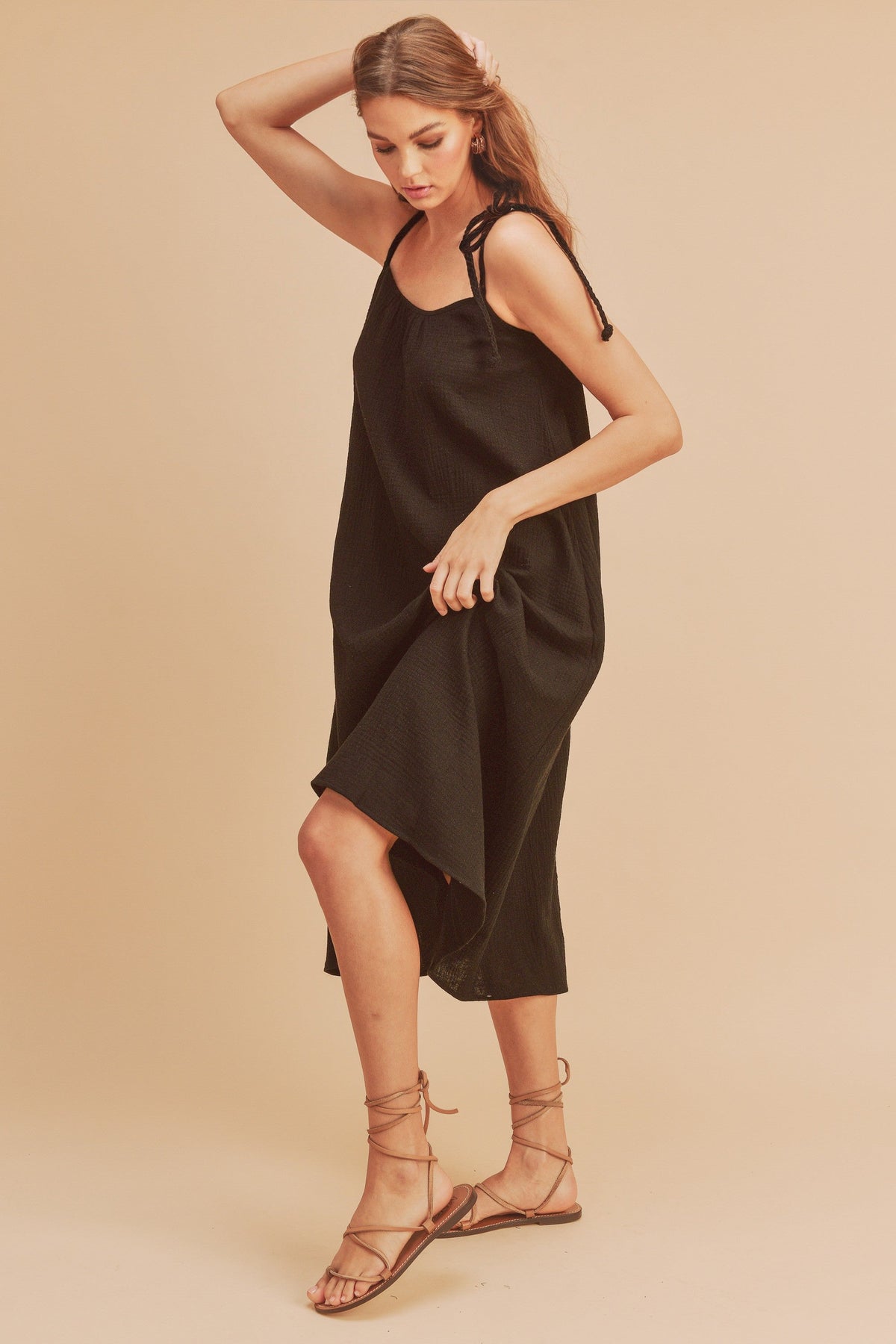 New Summer Midi Cami Dress For Women with Braided Tie Shoulder & Pockets – Soft Cotton Gauze Fabric, Chic & Comfortable Design For Every Occasion