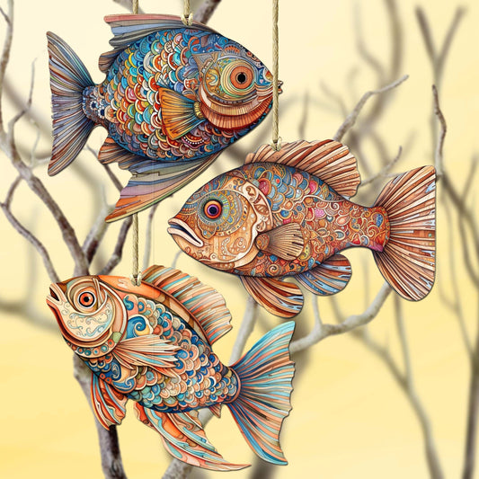 Coastal Fish Decorative Eco Wood Ornaments Set of 3 by G. Debrekht - Coastal Decor - 8091034-S3