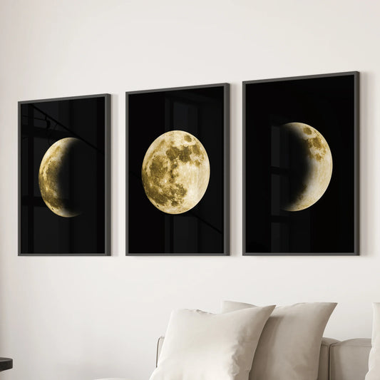 Celestial Moon 3 Piece Wall Decor. Gold Full Moon, Phases